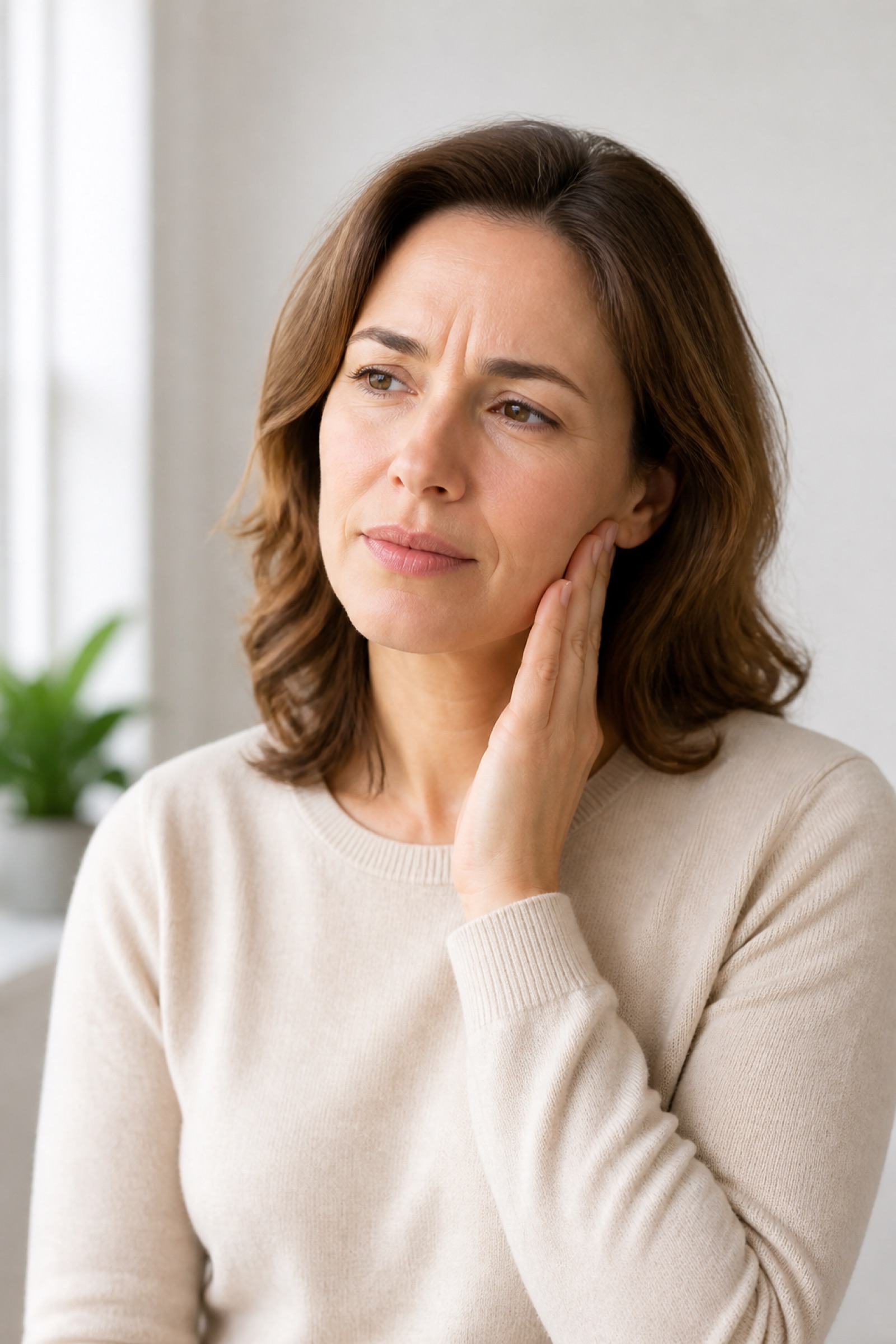 AI-generated image of an adult gently holding the jaw area while experiencing jaw discomfort