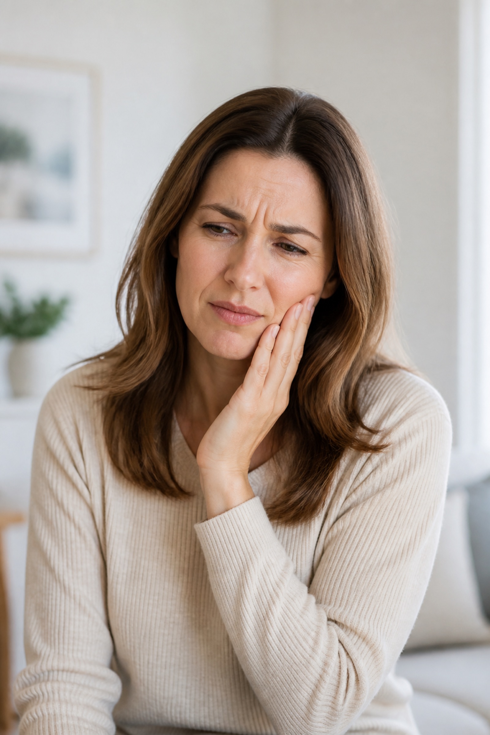 AI-generated image of an adult holding one cheek while experiencing a sore tooth