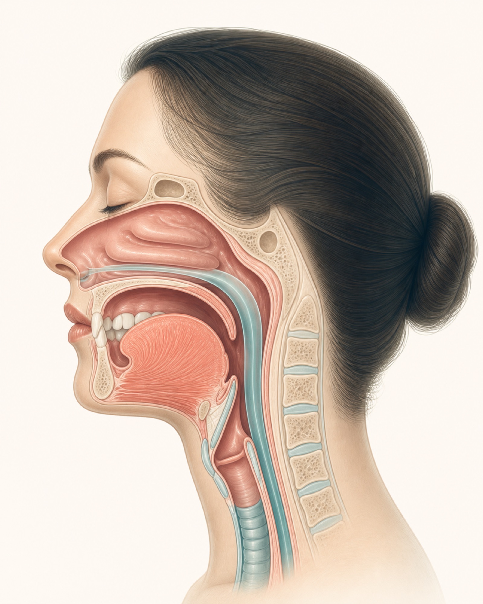 An anatomical illustration showing the nasal passage, mouth, tongue and upper airway