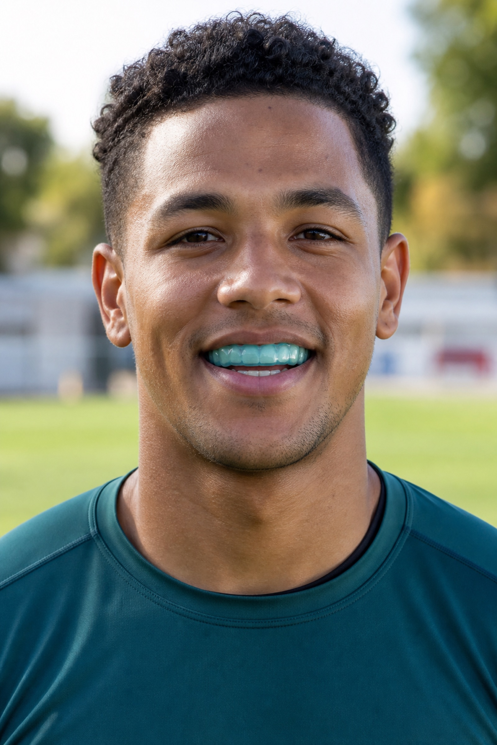 AI-generated image of an adult athlete wearing a fitted upper sports mouthguard