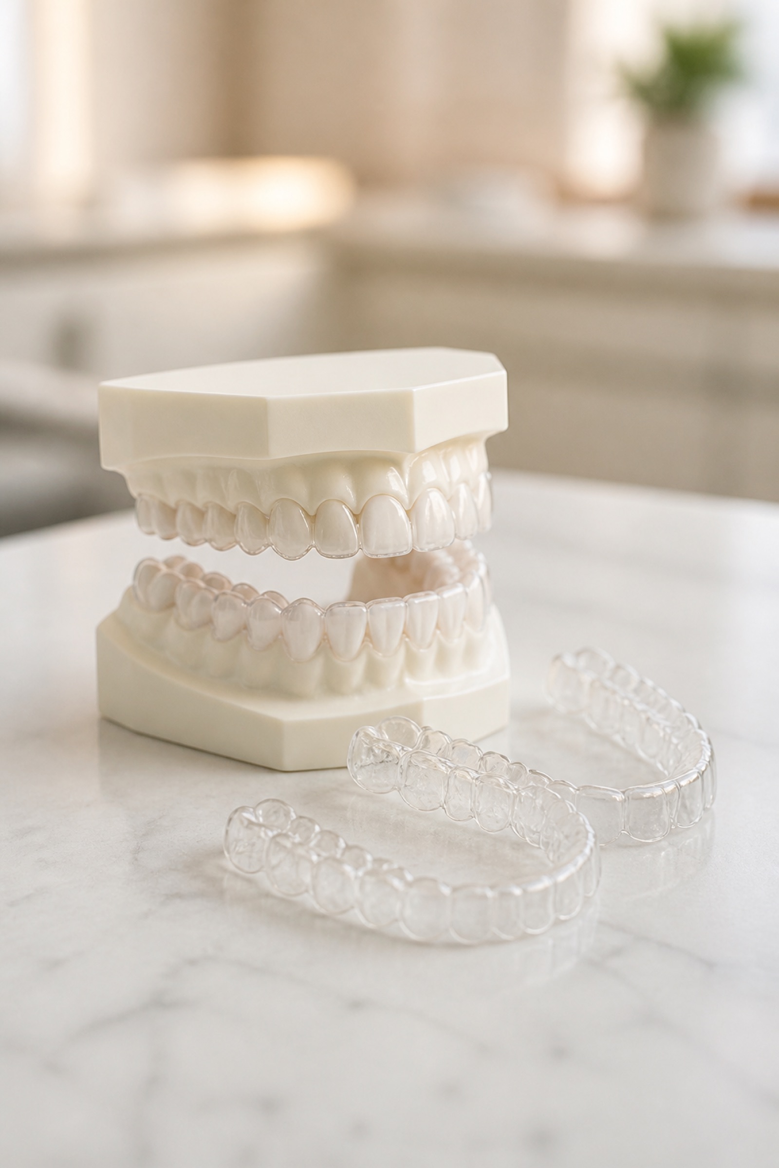 AI-generated image of clear orthodontic aligner trays displayed with upper and lower dental models