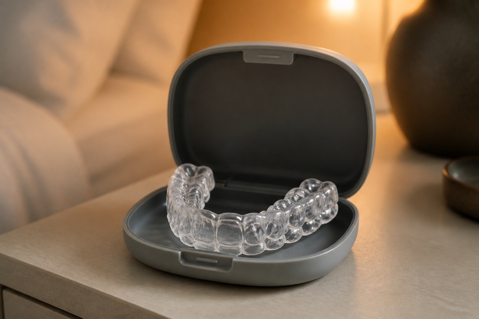 AI-generated image of a custom clear occlusal splint in its protective case for nighttime wear