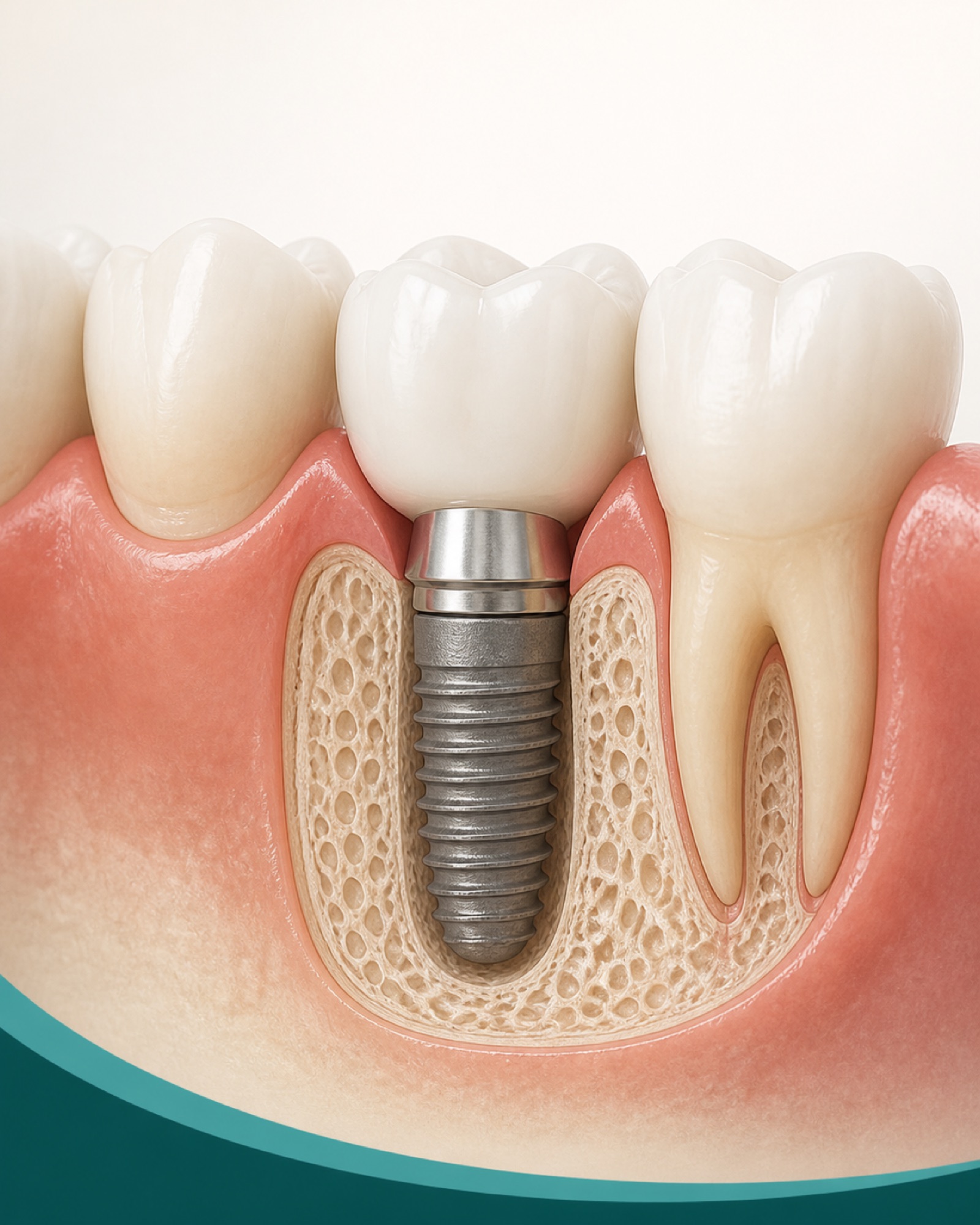 An anatomical illustration of a dental implant, abutment and crown supported by jaw bone