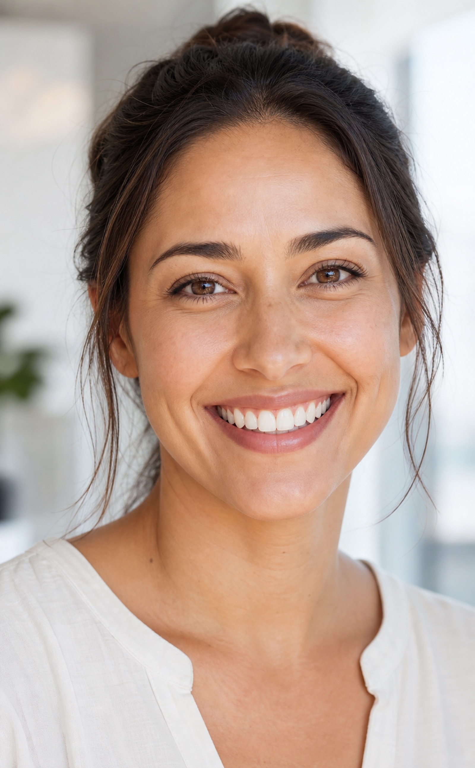 AI-generated portrait of an adult smiling naturally with healthy-looking teeth and pink gums