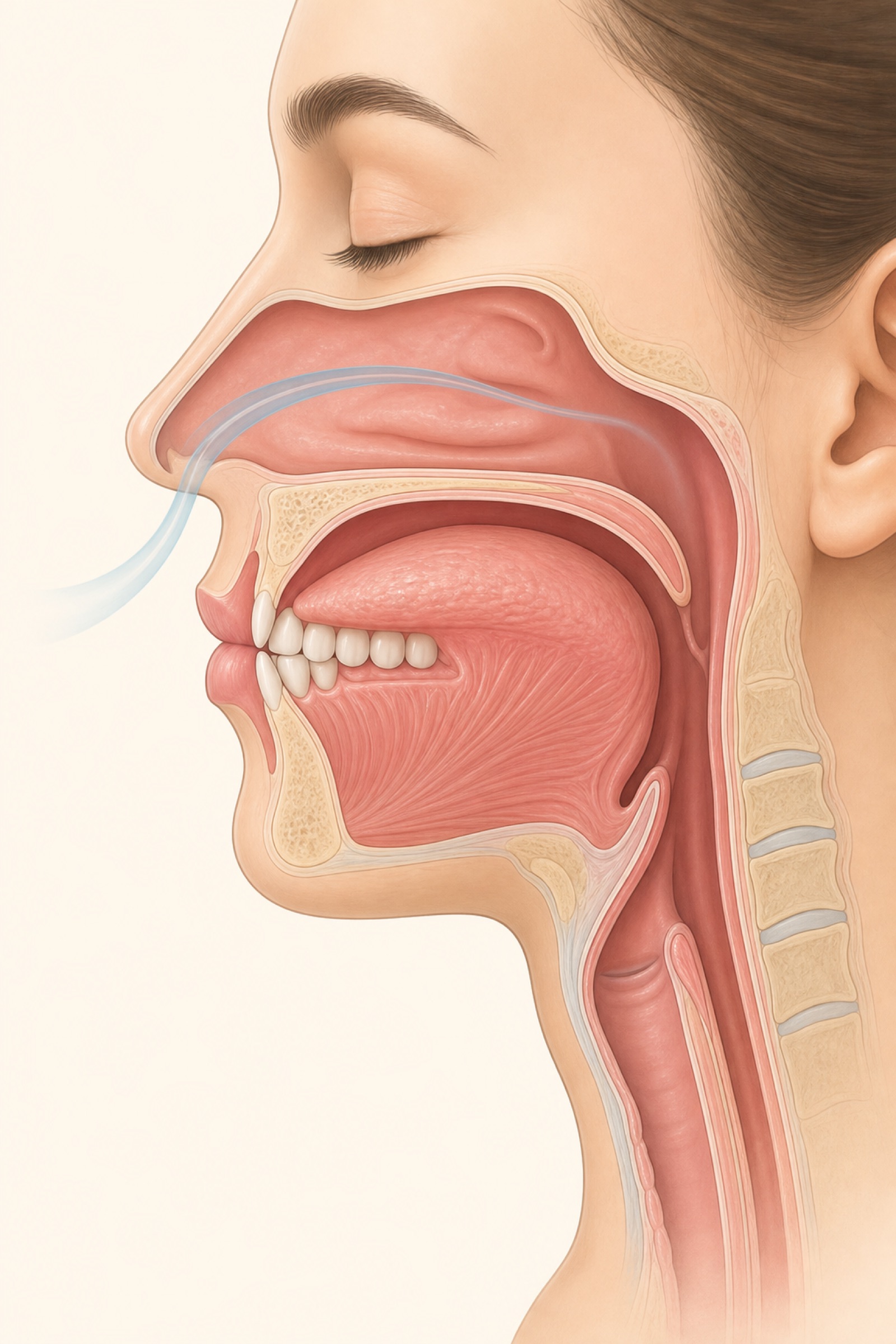 AI-generated educational illustration of nasal breathing, lip seal and oral rest posture
