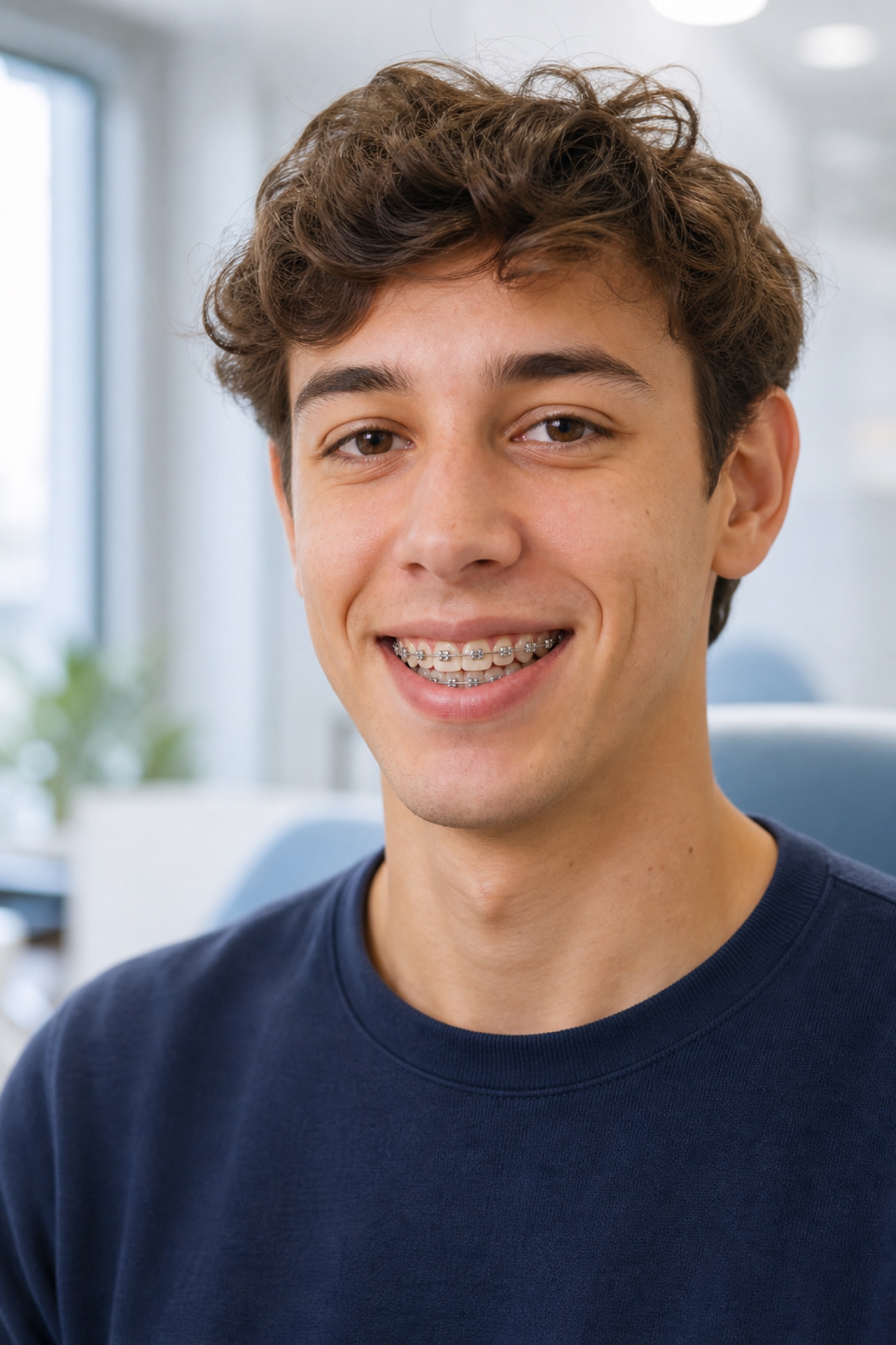 AI-generated image of an adult patient smiling with conventional upper and lower braces