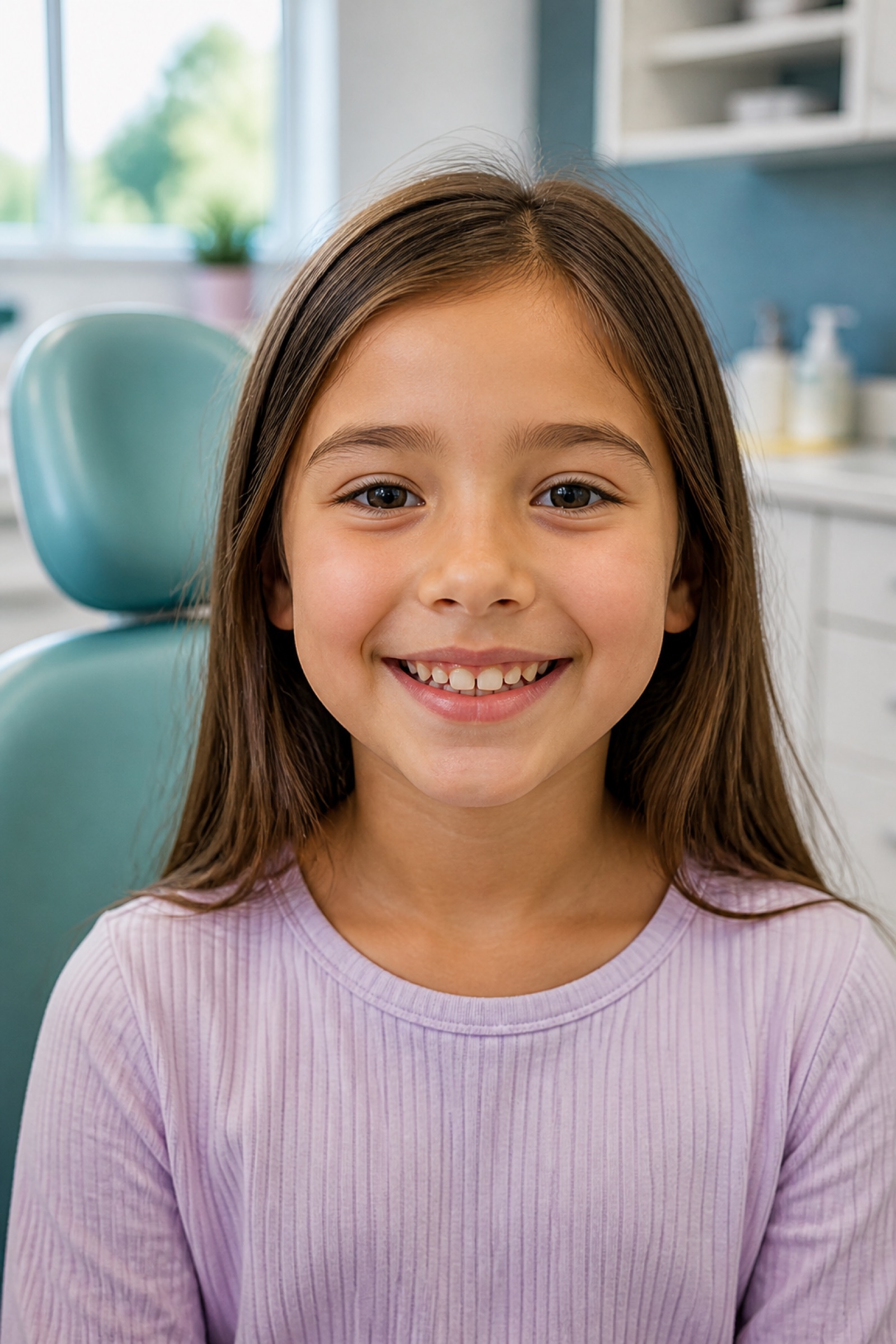 AI-generated image of a smiling school-age child during a positive dental visit